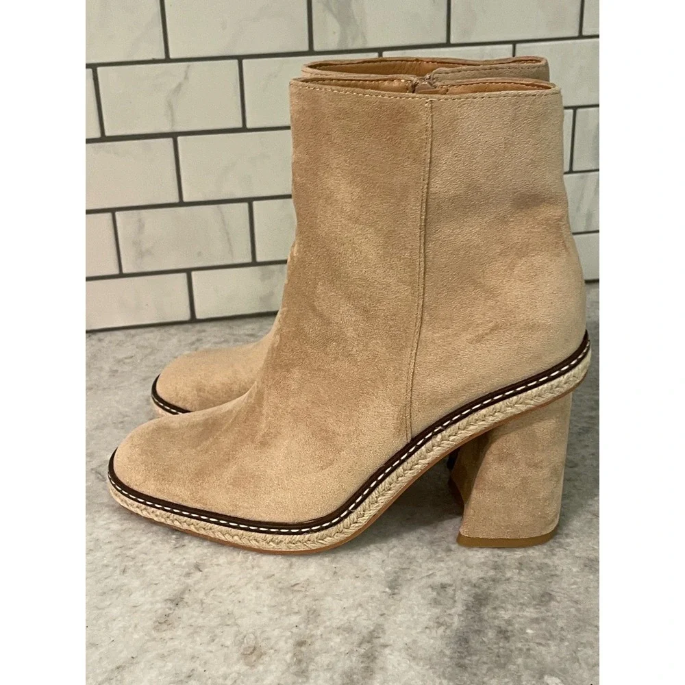Mi.iM Ankle Boots Women 9 Tan Suede Block Heel Espadrille Trim Square Toe Zip - Picture 3 of 9